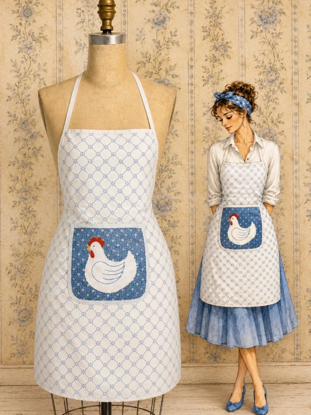 VINTAGE 80s farmhouse country chicken hen full kitchen apron blue floral smock
